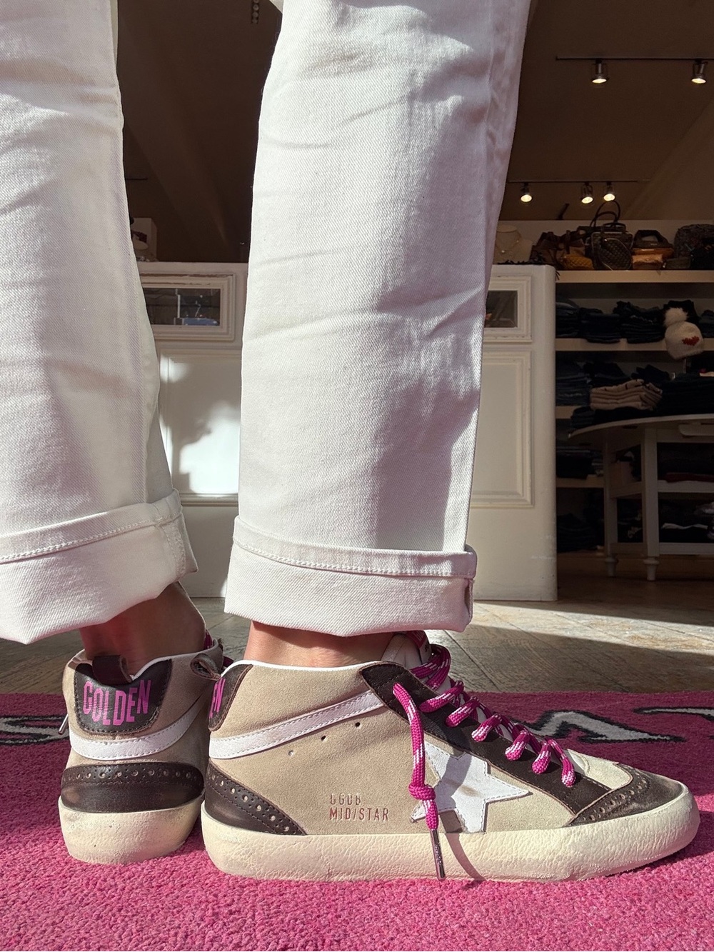 Golden Goose Mid Star Sneaker Beige Leather/Brown/White/Pink sz 36 New in Box